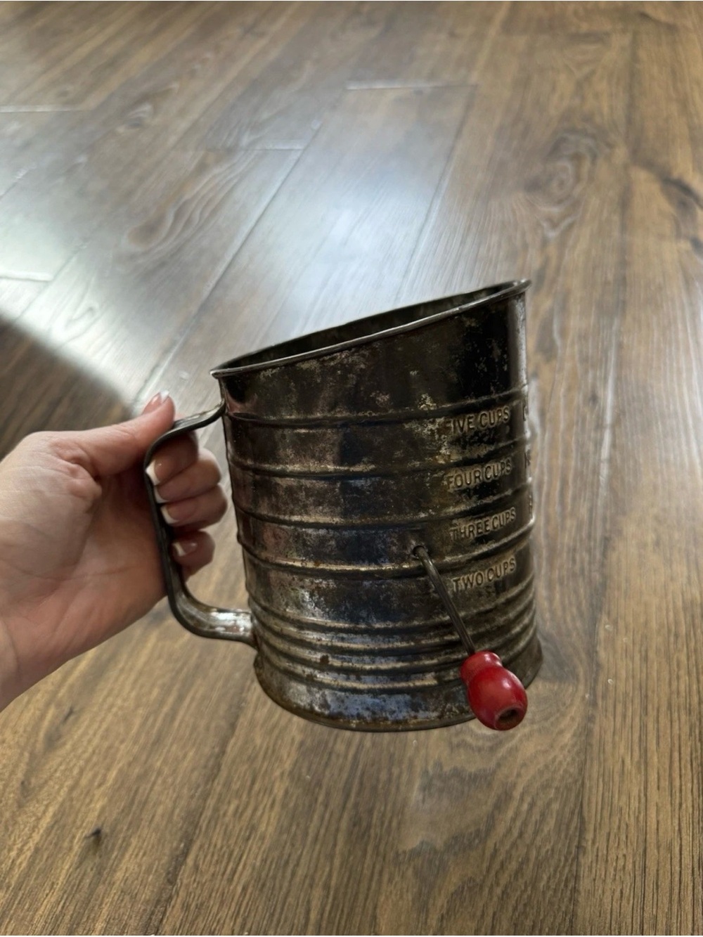 Vintage Metal Flour Sifter with Red Wooden Handle - Vintage